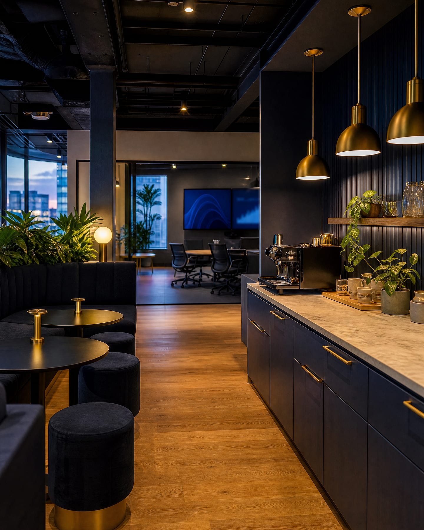 Lounge area of a modern office with navy and brass details