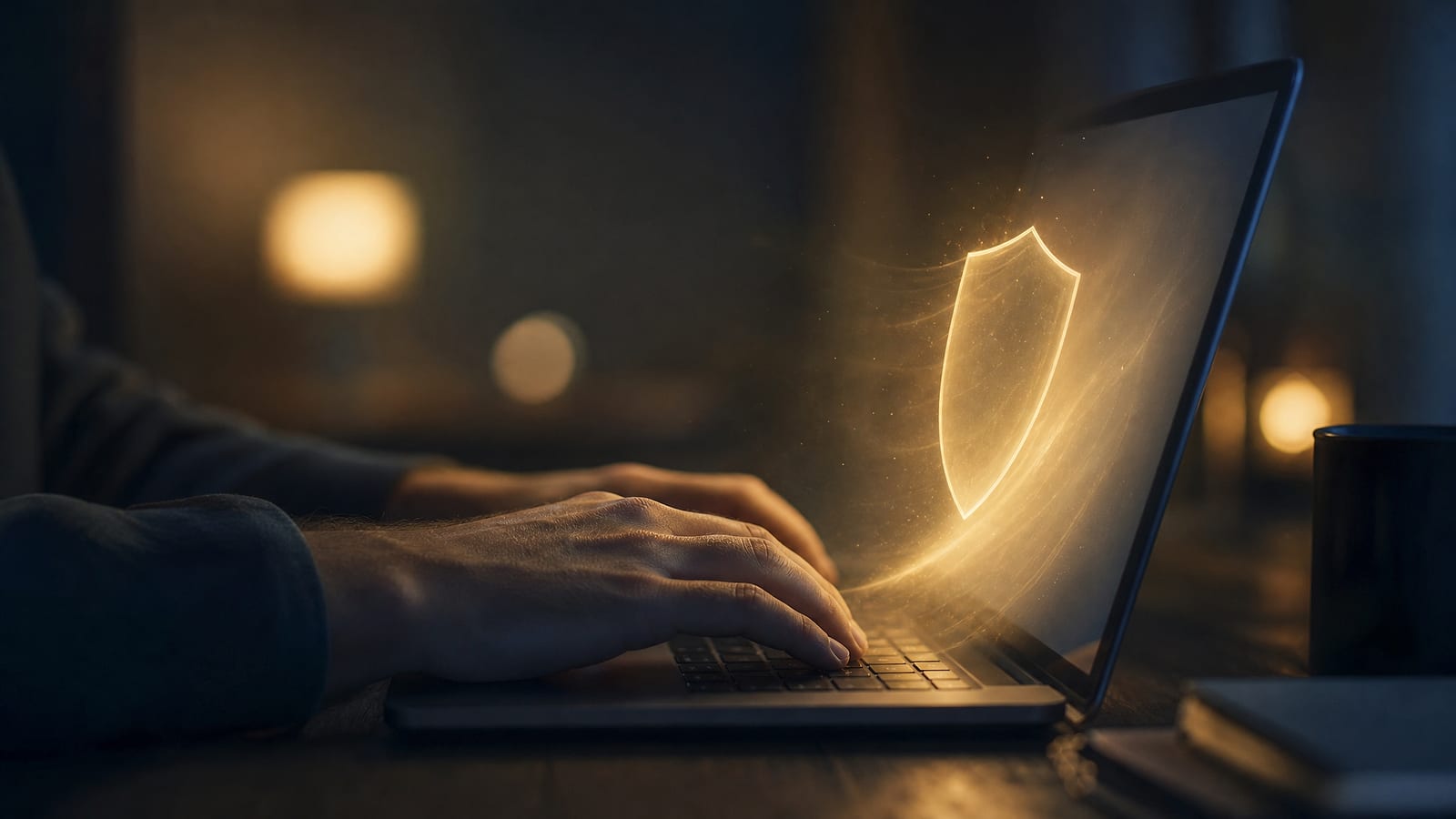 Hands on a laptop in calm, soft light that suggests trust and security