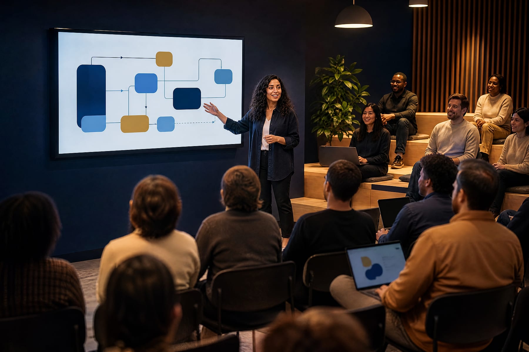 Presenter explaining abstract diagrams on a screen during an internal tech talk