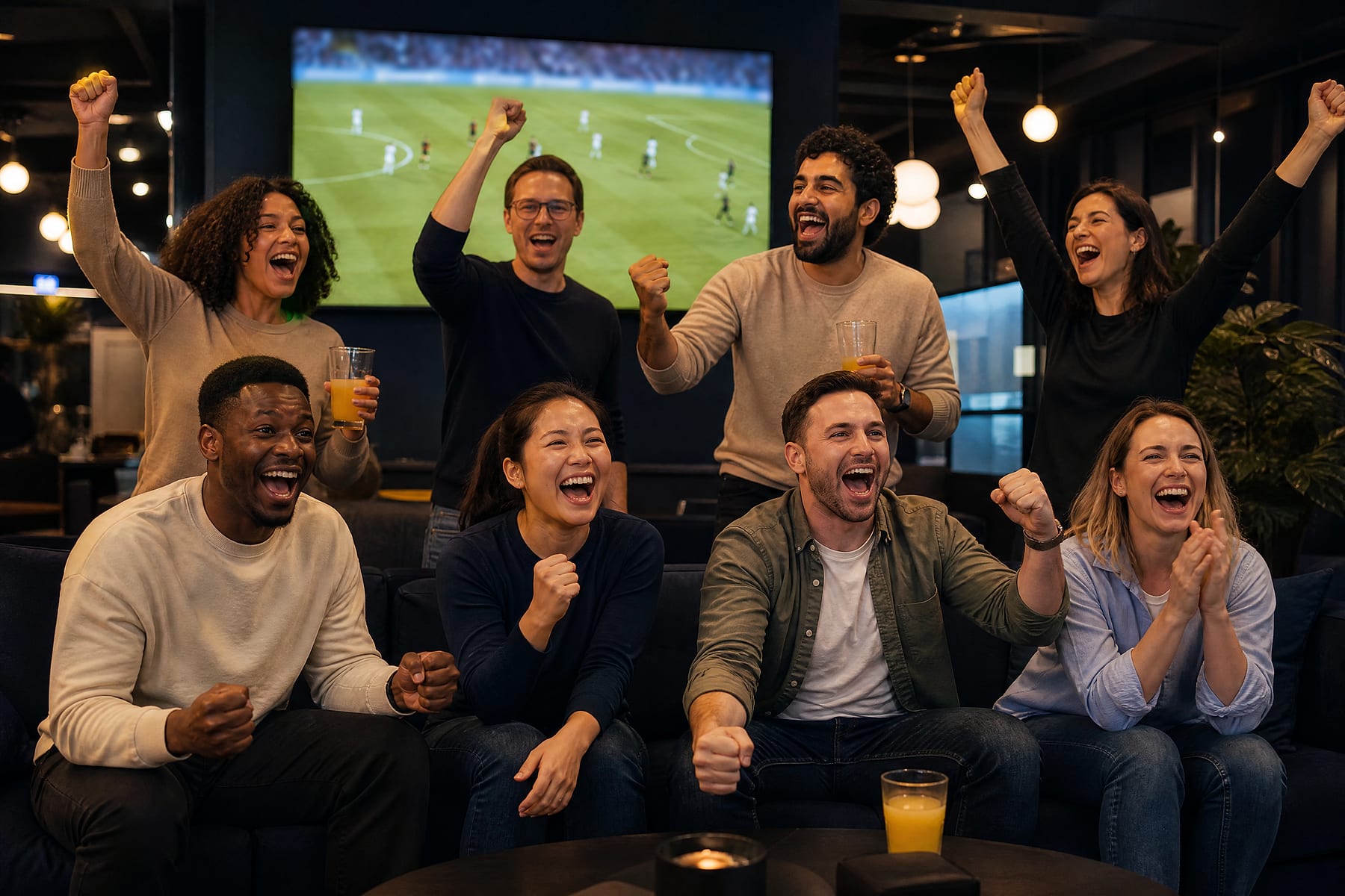 Colleagues cheering while watching a football match on a big screen in an office lounge