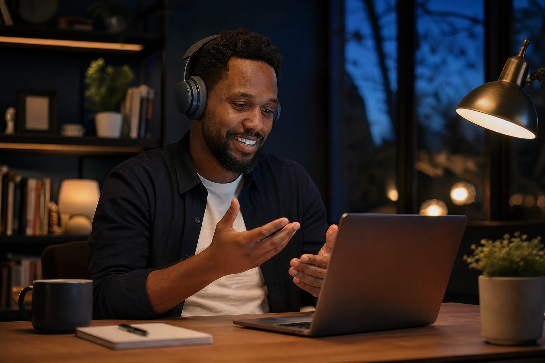 Engineer on a video call in a tasteful home office in the evening