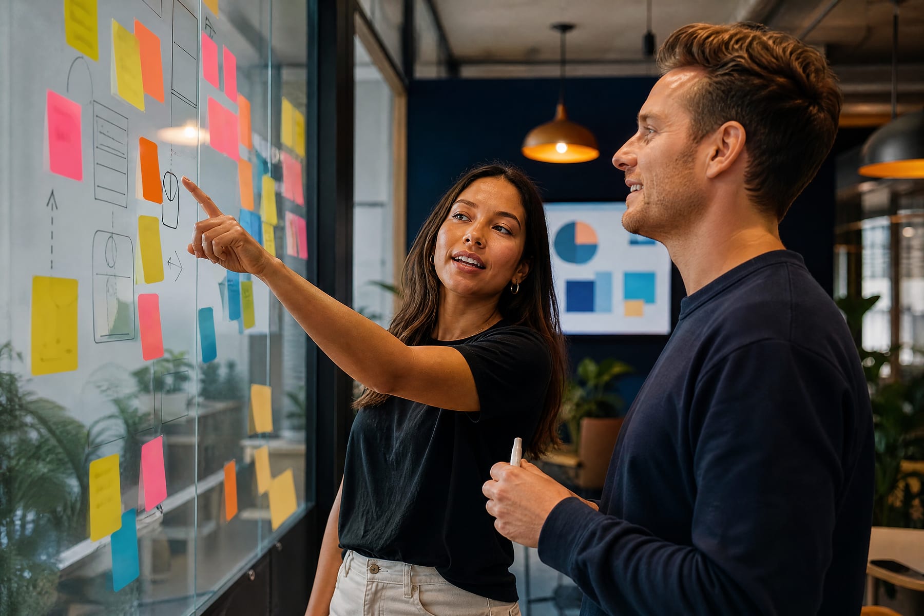 Two colleagues discussing ideas beside a glass wall covered in sticky notes